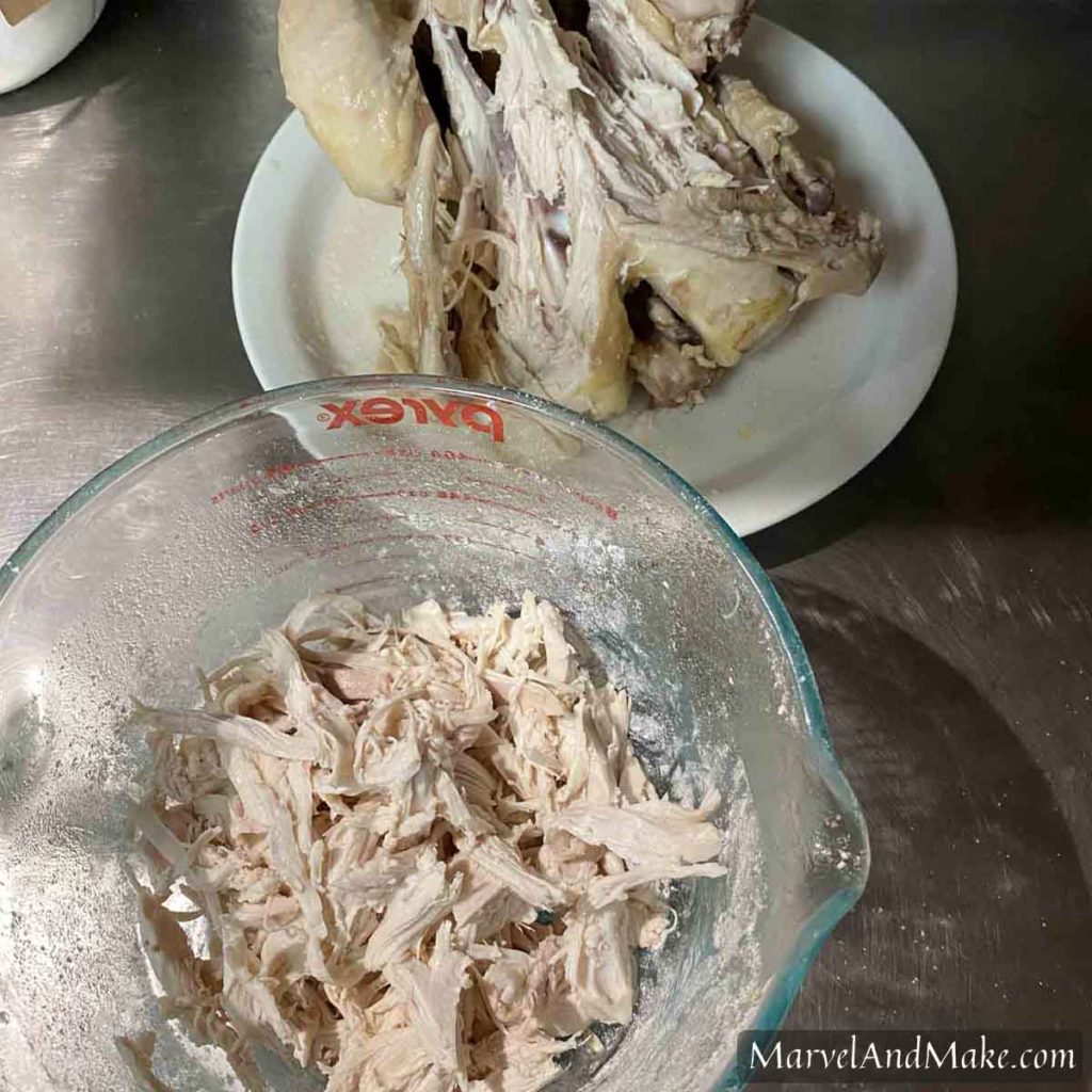 Boiled chicken meat How to Boil a Whole Chicken by Marvel & Make at marvelandmake.com