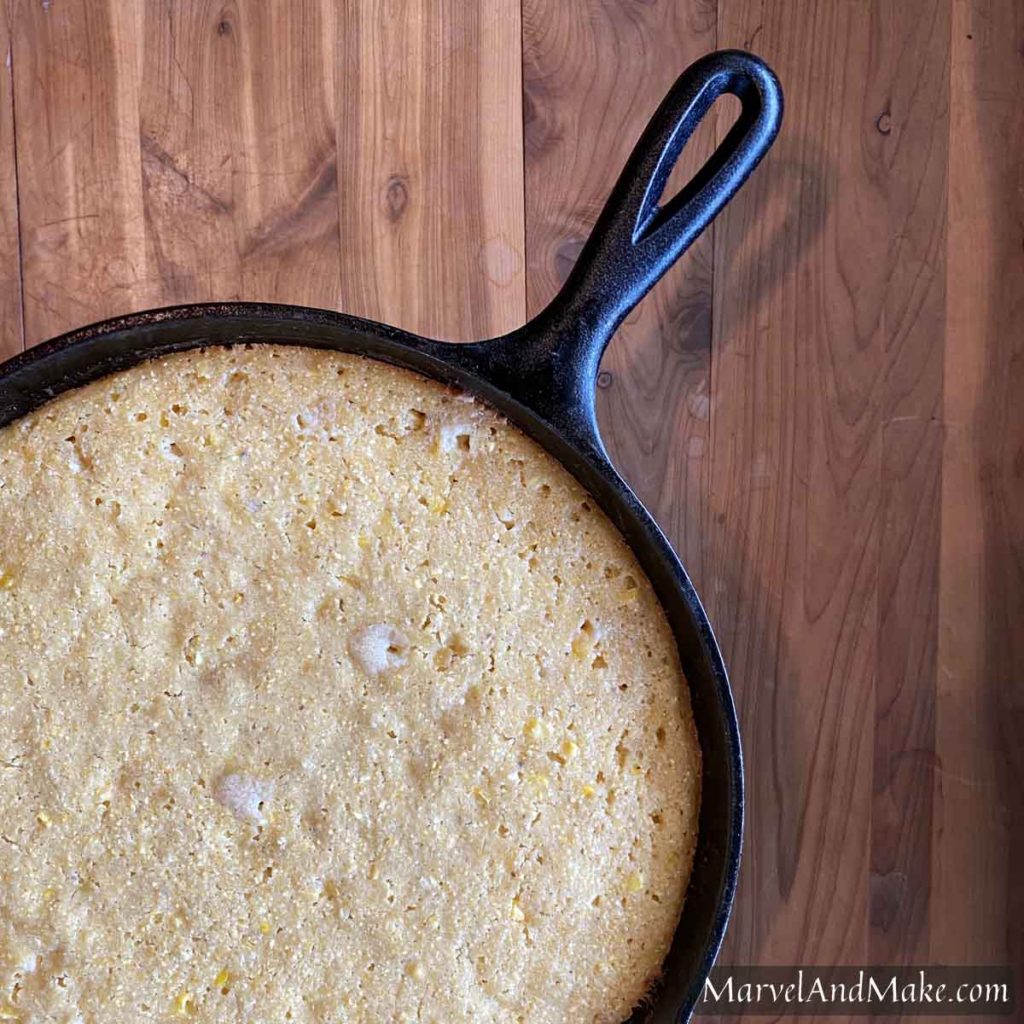 Cornbread Casserole from home ground corn and flour by Marvel & Make at marvelandmake.com