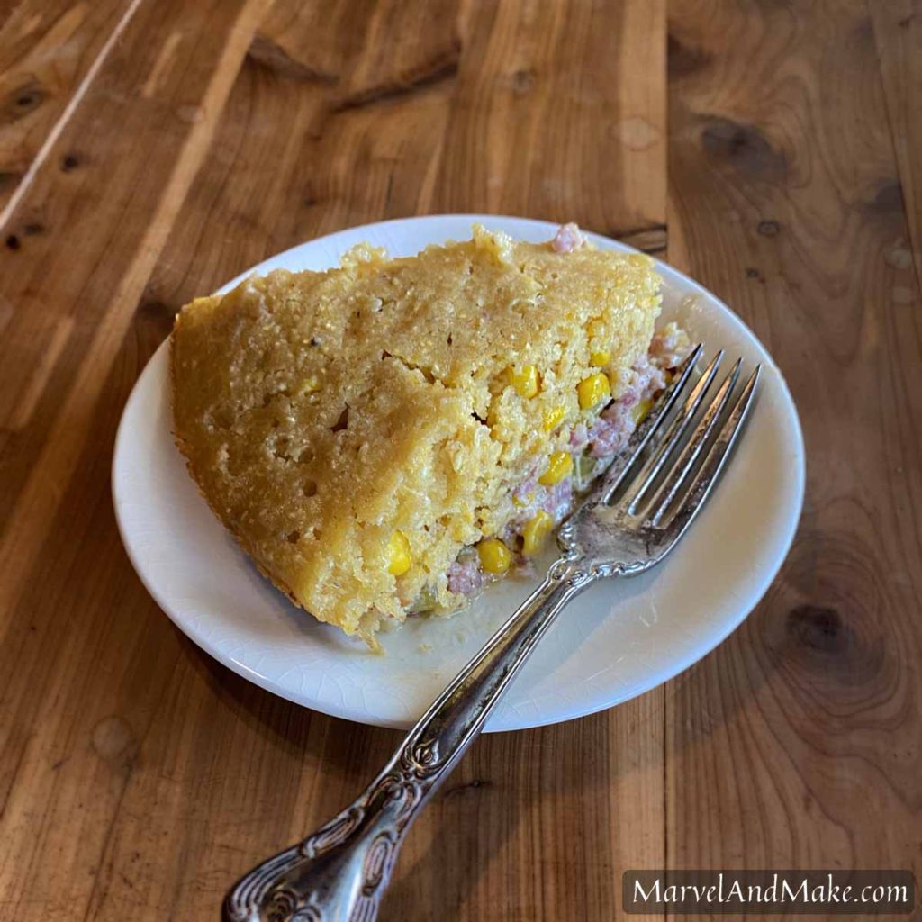 Cornbread Casserole from home ground corn and flour by Marvel & Make at marvelandmake.com