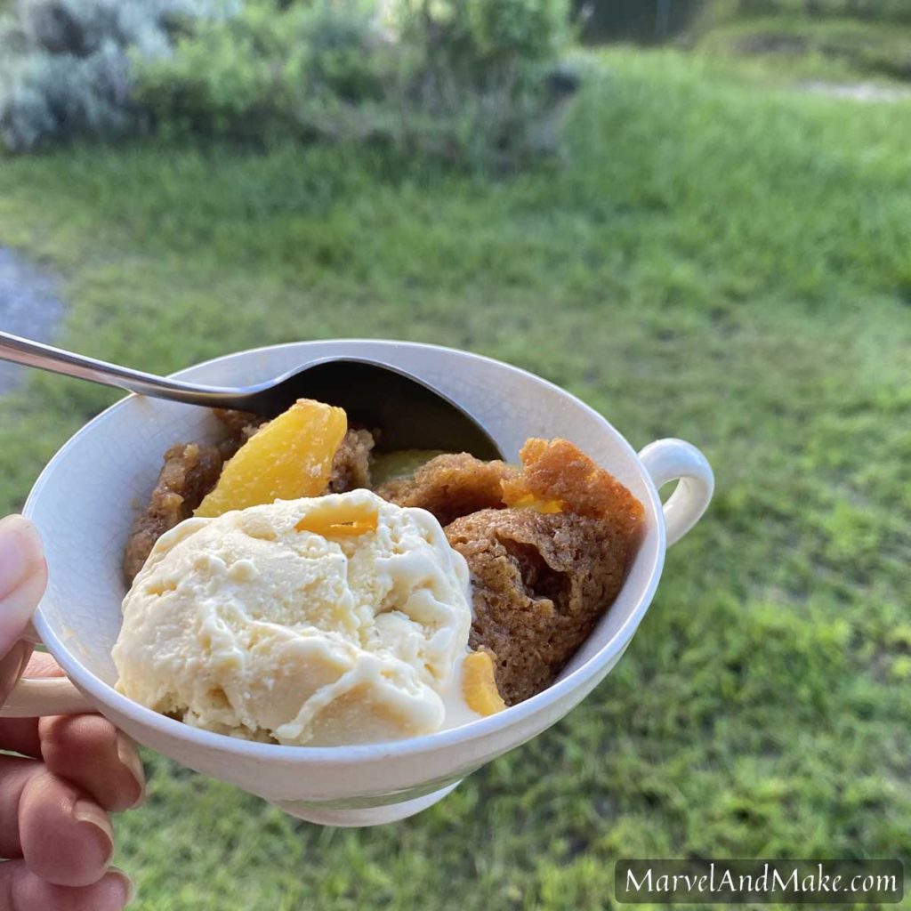 Homemade Peach Cobbler from home ground whole wheat flour by Marvel & Make at marvelandmake.com