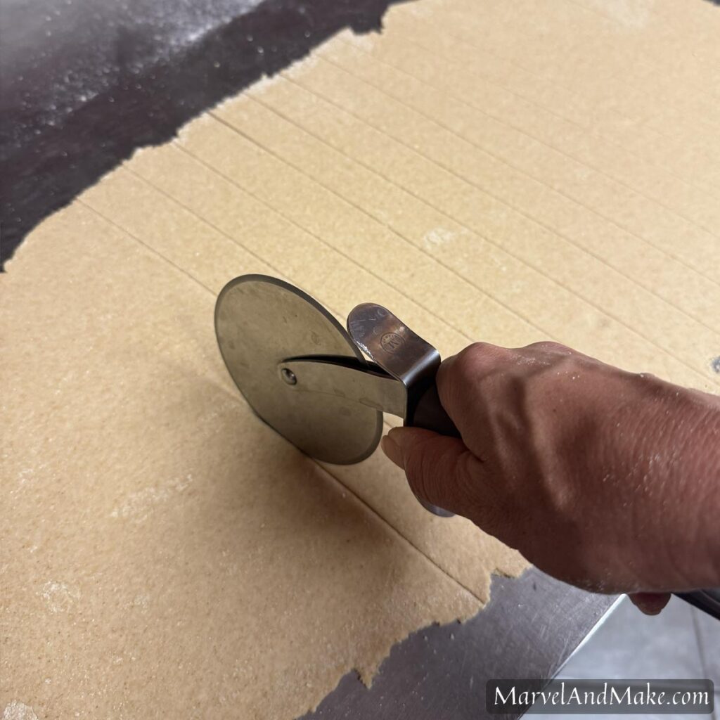 Pizza cutter for cutting dumplings for Homemade Chicken and Dumplings from Marvel and Make