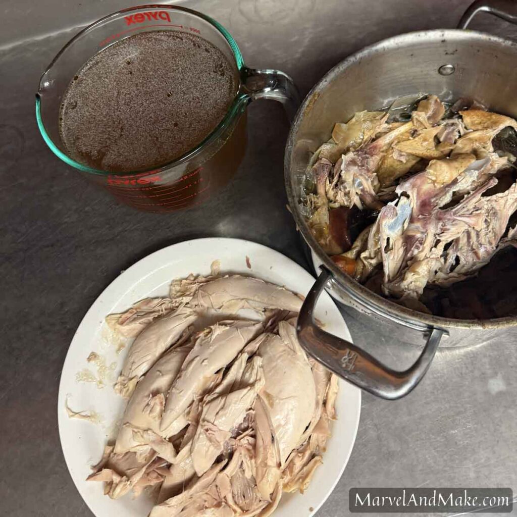 Chicken stock, Pulled Chicken, and Chicken Carcass for Homemade Chicken and Dumplings from Marvel and Make